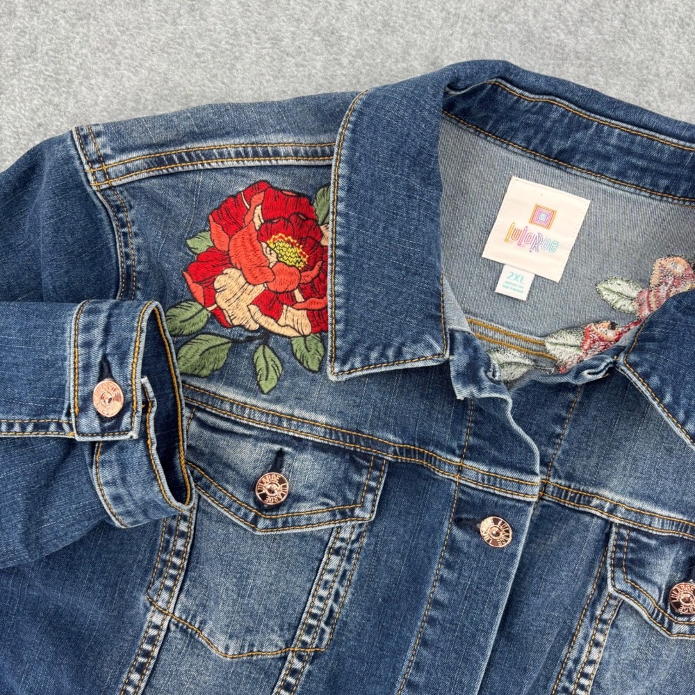 LuLaRoe Denim Jacket Womens 2XL Blue Floral Embroidered Rose Stretch Trucker